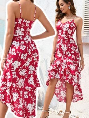 NWT Blueming Red and White Floral V-Neck Spaghetti Strap Dress